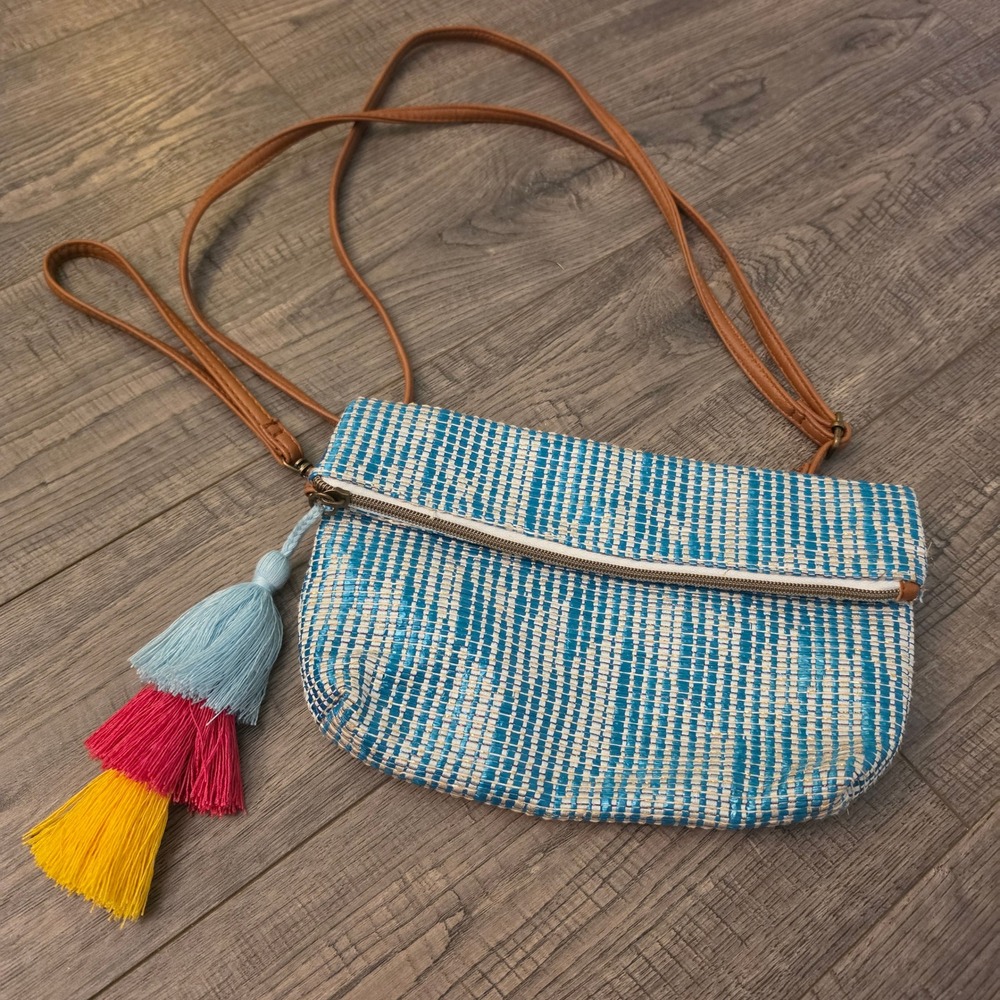 Blue White Woven Foldover Crossbody Bag with Colorful Tassel Charm and Wristlet